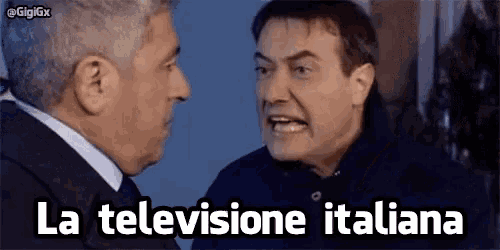 two men are having a conversation and one of them says la televisione italiana .