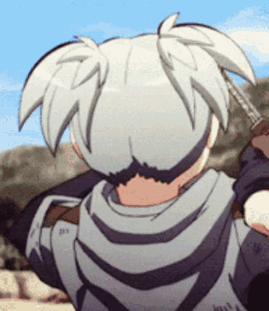 a cartoon character with white hair is holding a sword in his hand