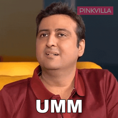 a man in a red shirt is making a funny face with the word umm above him