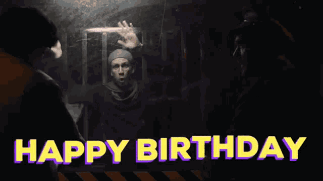 a man in a cage with the words happy birthday above him