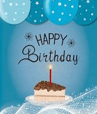 a birthday cake with a candle on it and balloons in the background .