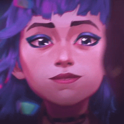 a close up of a woman 's face with blue hair