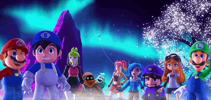 a group of cartoon characters are standing next to each other .