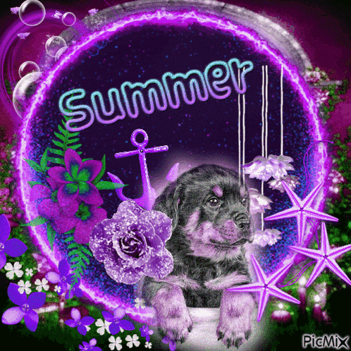 a picture of a puppy with purple flowers and the word summer