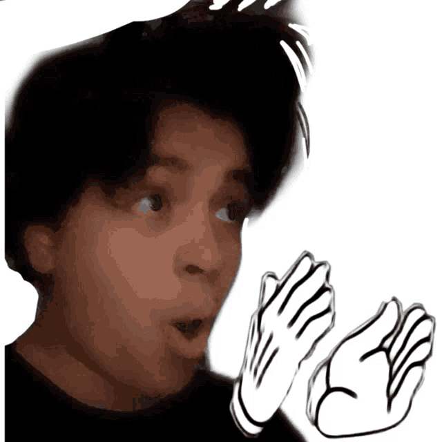 a person with a surprised look on their face and a drawing of hands