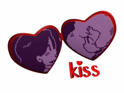 a picture of two hearts with the word kiss in red
