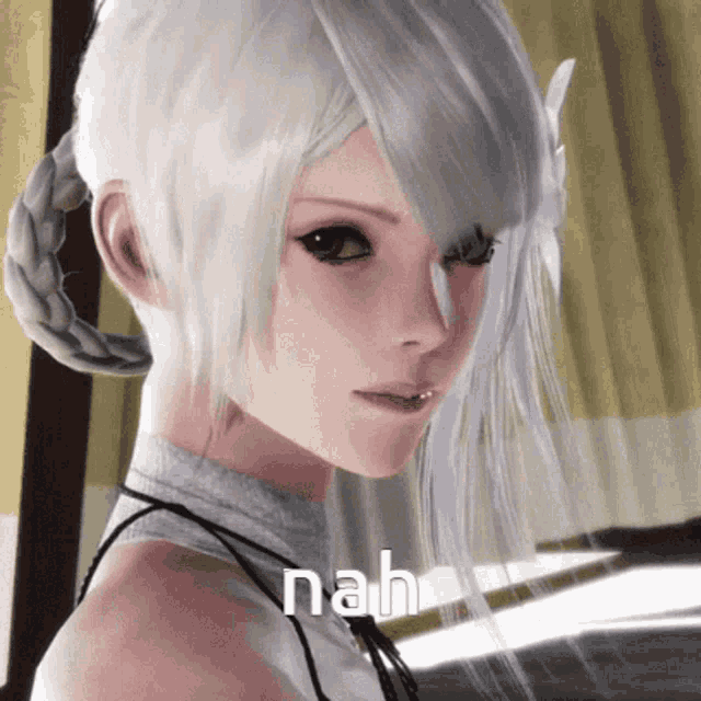 a close up of a girl 's face with nah written on the bottom