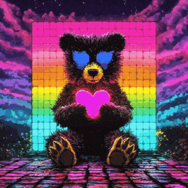 a teddy bear wearing sunglasses is holding a pink heart in front of a rainbow background