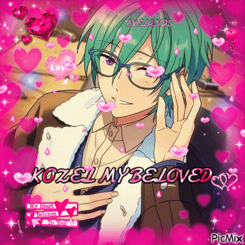 a picture of a boy with green hair and glasses is surrounded by pink hearts and says " kozel my beloved "