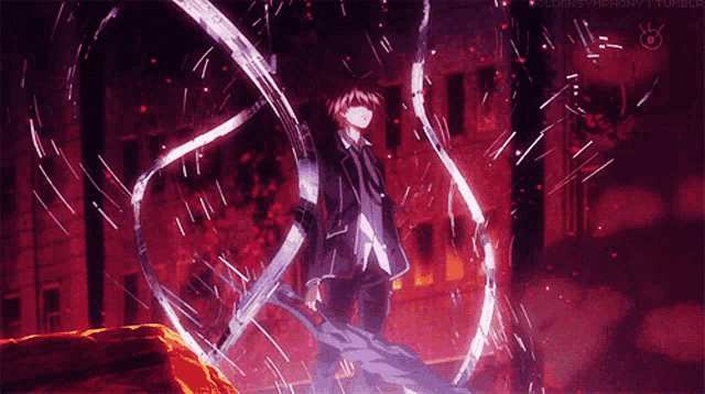 a man in a suit is standing in front of a building with a purple background and a purple sword