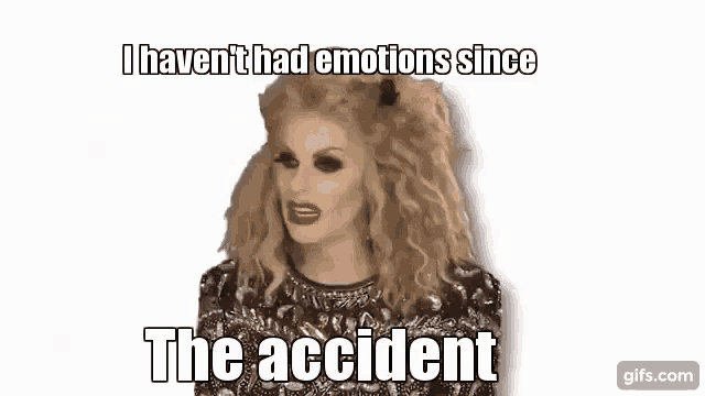 two drag queens are talking to each other and one of them has a lion head .