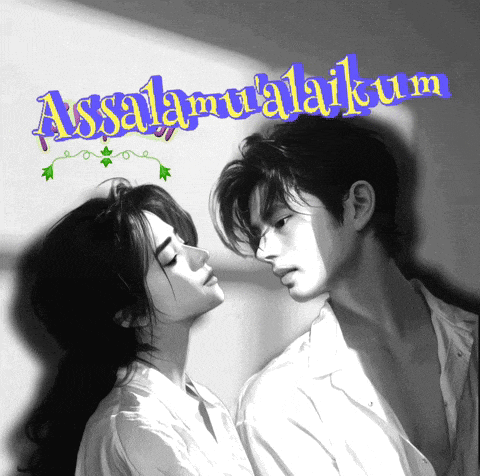 a black and white photo of a man and a woman with the words " assalamualaikum " on top