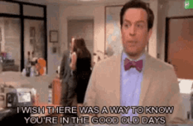 a man in a suit and bow tie is talking to someone in an office .