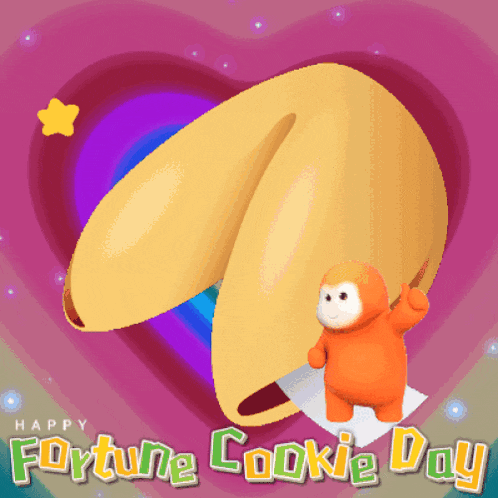 a happy fortune cookie day greeting card with an orange monkey holding a piece of paper