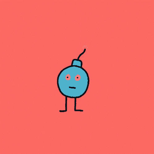 a cartoon drawing of a blue bomb with a flag that says boom