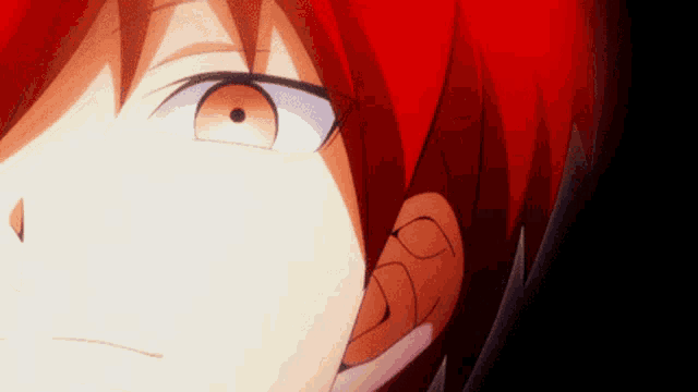 a close up of a person 's face with red hair and a black background