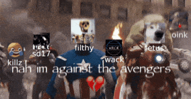 a group of captain americas standing next to each other with the words filthy nah im against the avengers written below them
