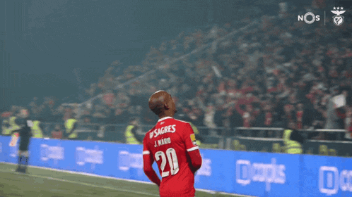 a soccer player wearing a red jersey with the number 20 on the back