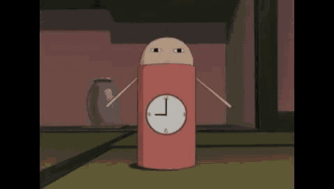 a cartoon character is standing next to a clock which shows the time as 4:20