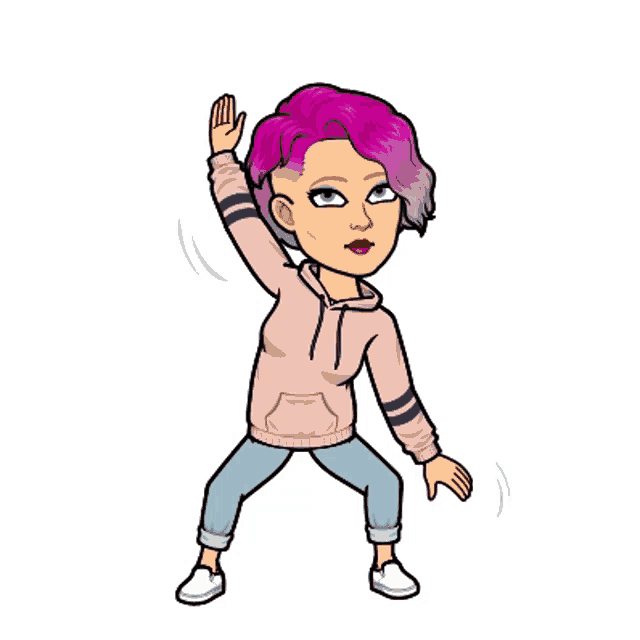 a cartoon drawing of a girl with pink hair and blue eyes