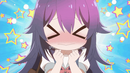 a girl with purple hair has her eyes closed and her mouth open