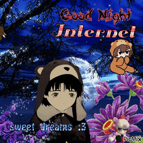 a picture of a boy in a teddy bear costume with the words good night internet sweet dreams 3