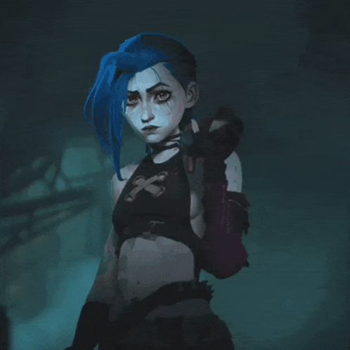 a cartoon character with blue hair and a black top