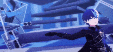 a 3d anime character is standing in front of a blue background .