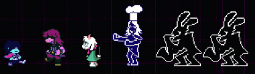a bunch of pixel art characters are standing next to each other on a grid .