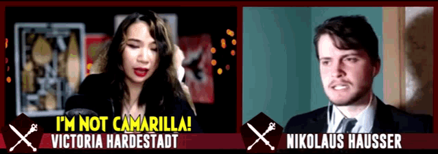 a man and a woman are standing next to each other and the woman is saying i 'm not camarilla