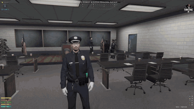 a police officer is standing in a room with a forasterosrp logo