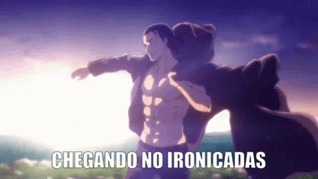 a cartoon of a shirtless man carrying a bear with the words chegando no ironicadas written below him