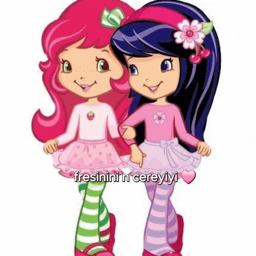 two strawberry shortcake dolls are standing next to each other holding hands .