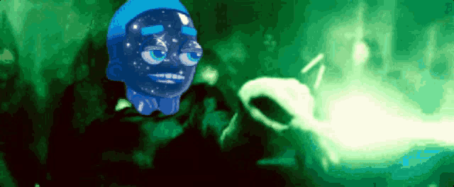 a cartoon character with a blue face has a galaxy in his eyes