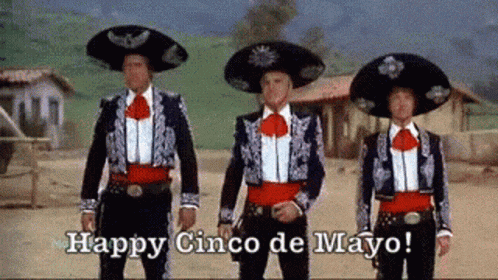 three men in mariachi costumes are standing next to each other with the words " happy cinco de mayo " written on the bottom