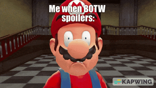 a cartoon character with a caption that says me when botw spoilers