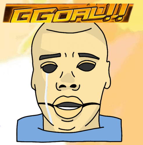 a cartoon drawing of a bald man with a tear running down his face and the word goal behind him
