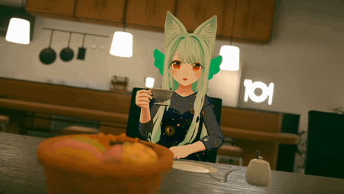 a girl with green hair is sitting at a table holding a cup