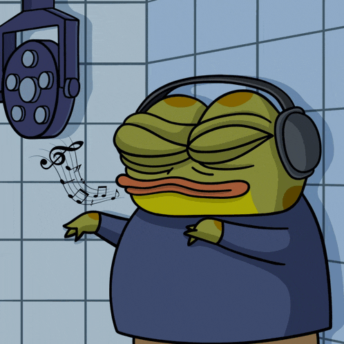 a cartoon of a frog wearing headphones with music notes coming out of his mouth