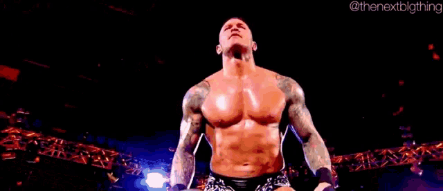a man without a shirt is wrestling in a ring .