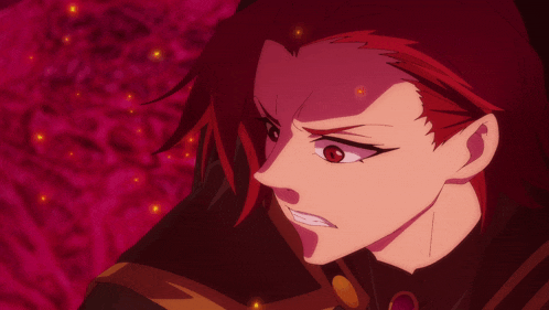 a close up of a red haired anime character with red eyes