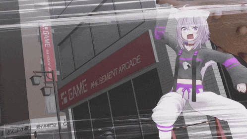 a girl is standing in front of the game amusement arcade