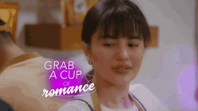 a woman in an apron with the words grab a cup of romance on the bottom