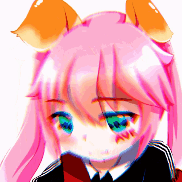 a drawing of a girl with pink hair and orange ears has the word " aww " on her face