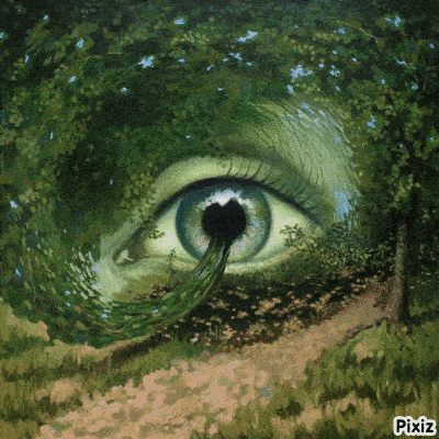 a painting of a woman 's eye surrounded by trees with pixiz written on the bottom right