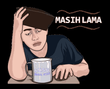 a cartoon of a man with an ice pack on his head holding a cup of susu