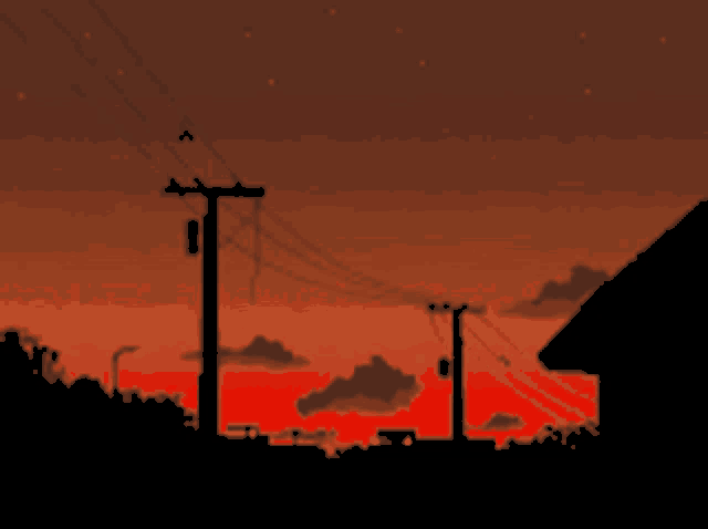 a pixel art of a sunset with power lines and a house in the foreground