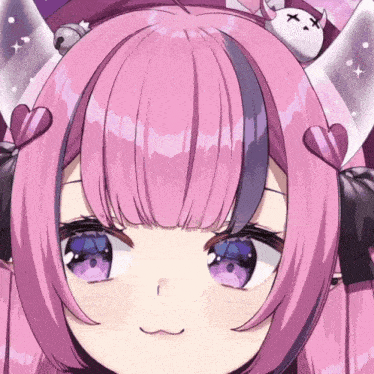 a close up of a cartoon character with pink hair and blue eyes