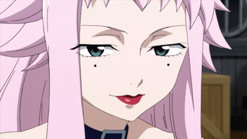 a close up of a girl 's face with pink hair and red lips
