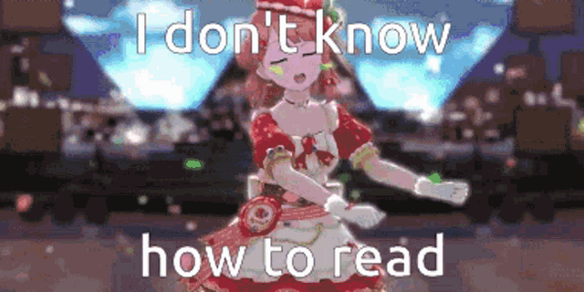 a girl in a red dress is dancing with the words " i don 't know how to read " on the bottom